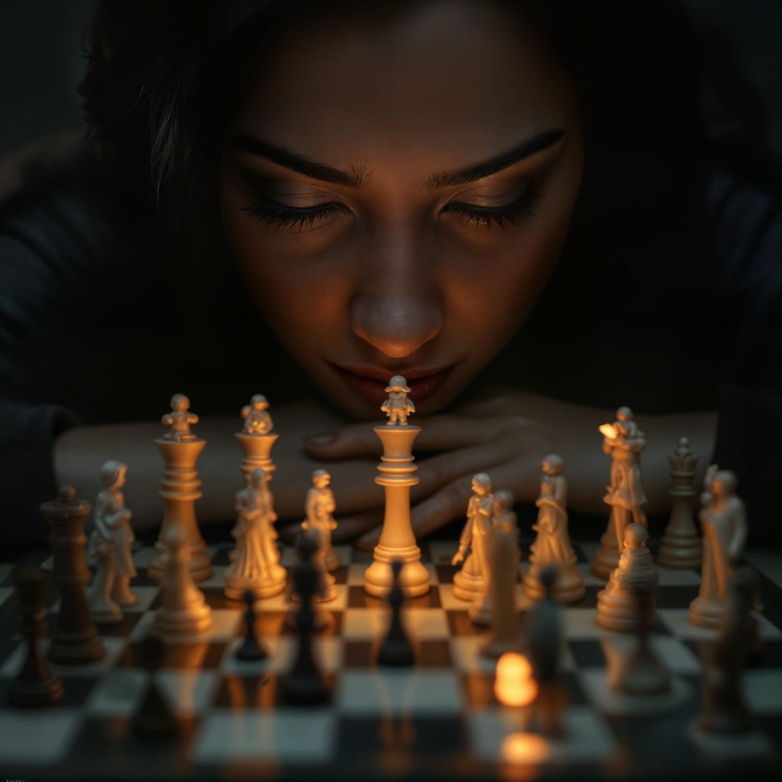 Meditative Portrait of a Woman in a Symbolic Chess Landscape