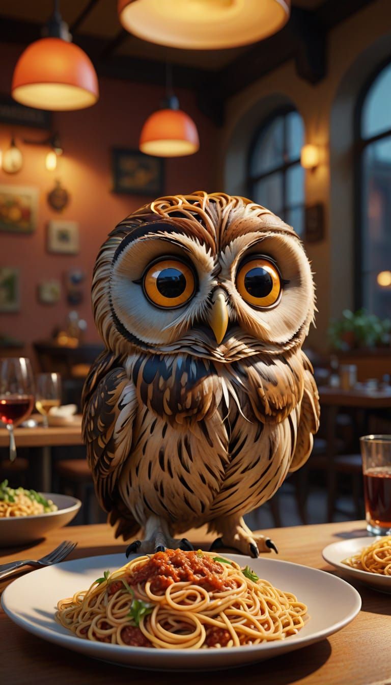 Pixar Owl's Spaghetti Dinner in 3D Digital Art