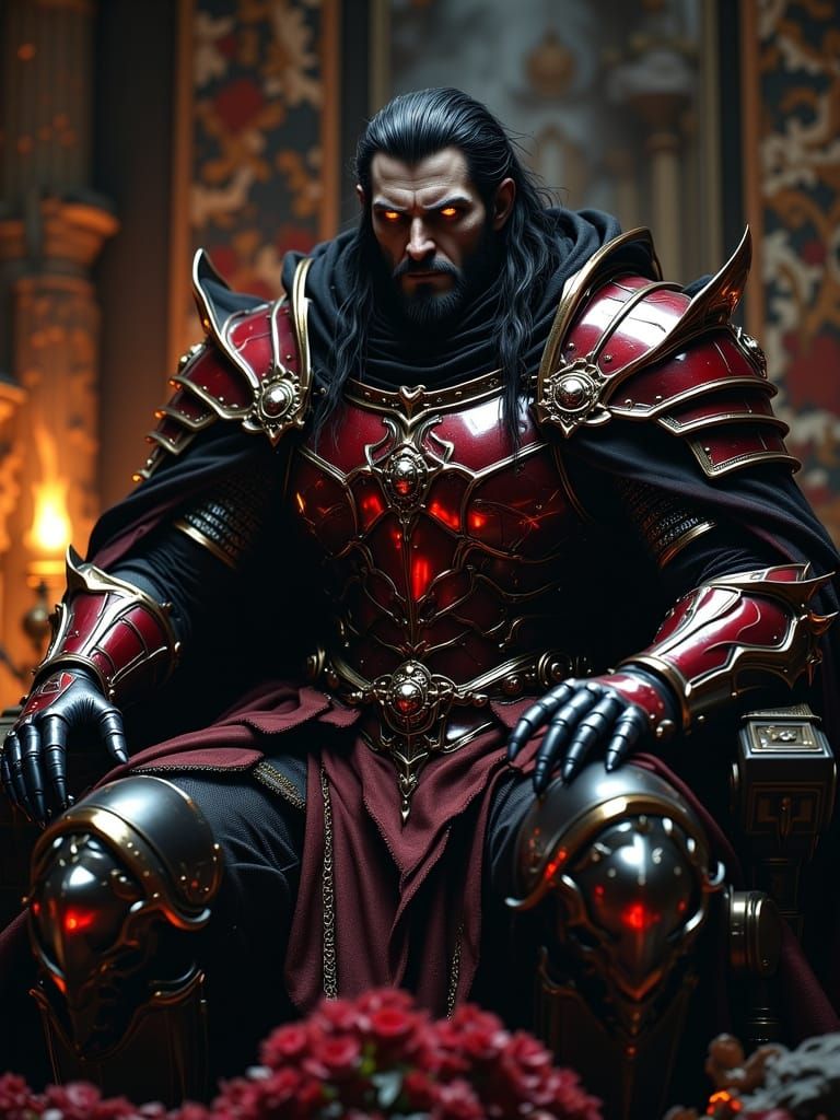 Burgundy Armored Vampire Lord in Skull Throne Room
