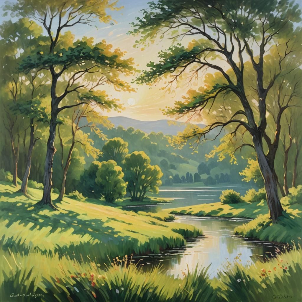 Impressionist Landscape with Lake and Rolling Hills