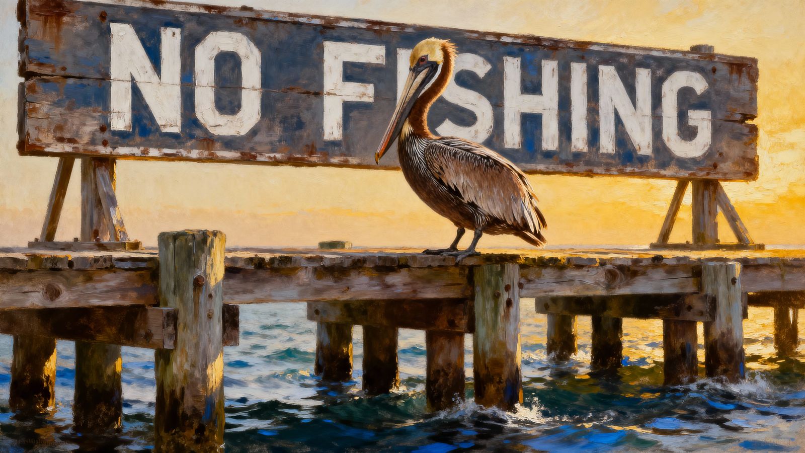 Brown Pelican Perched on "NO FISHING" Sign at Sunset