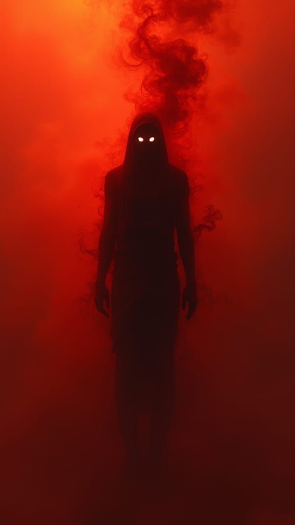 Shadowy Humanoid in Crimson Smoke: A Dark Surrealist Vision