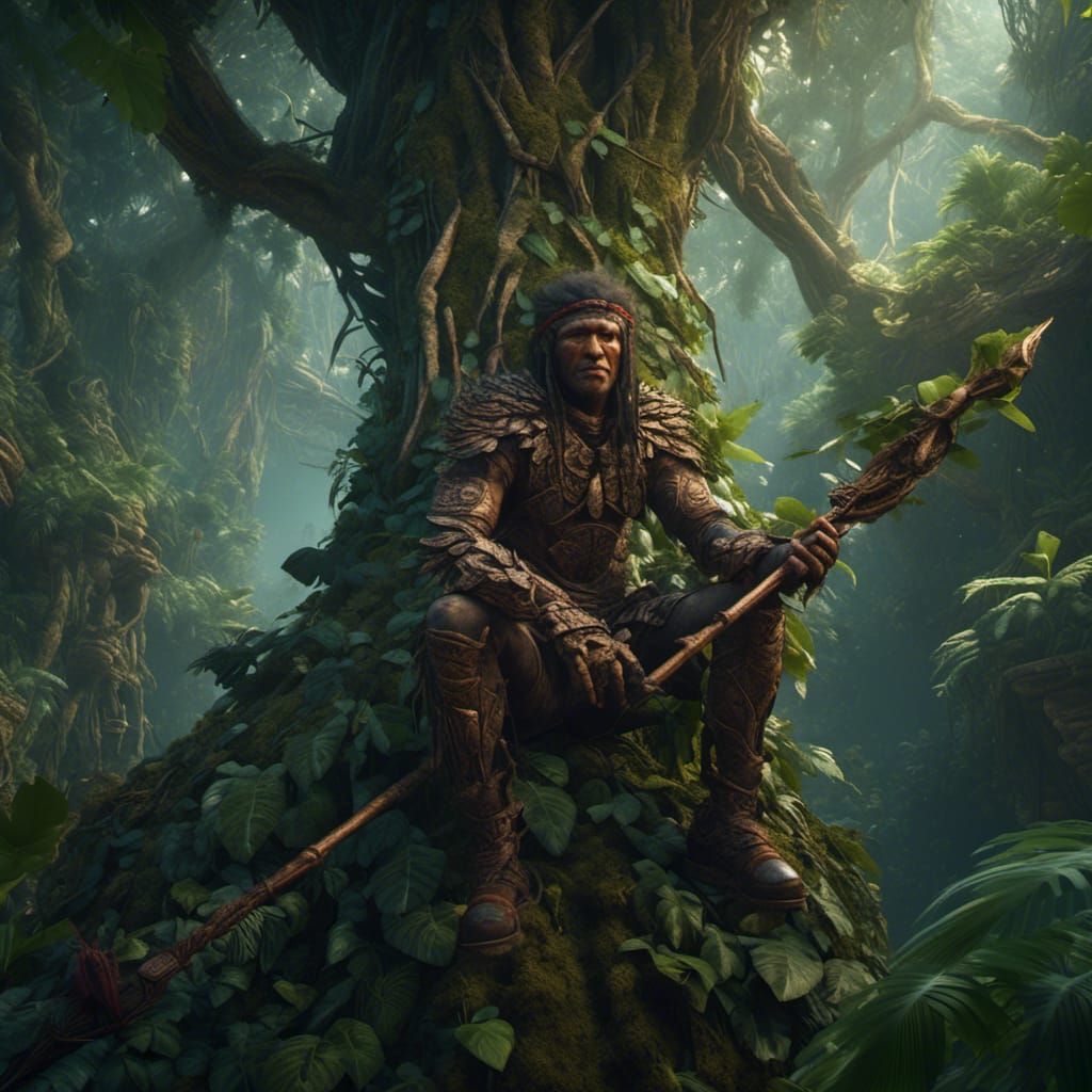 Hyperrealistic Jungle Warrior in Dark Fantasy Art