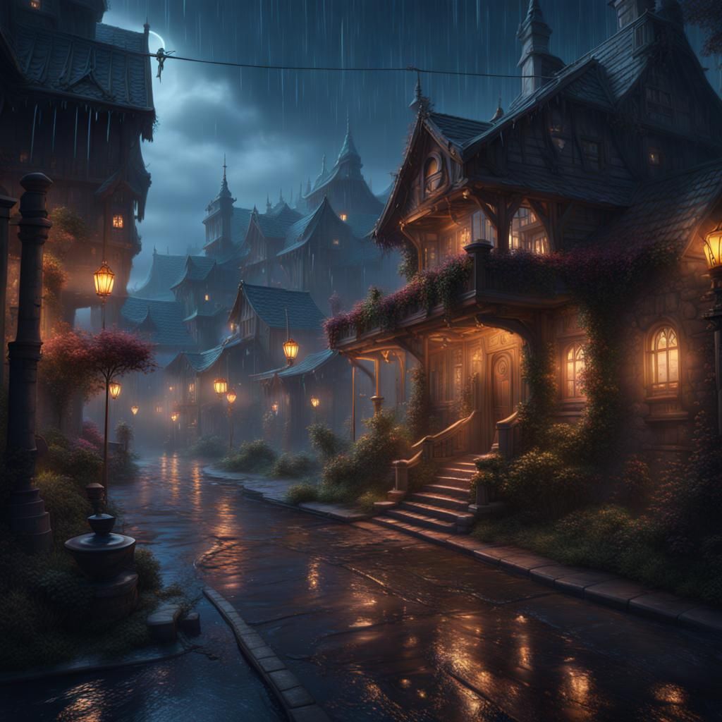 Fantastical Rainy Night in Detailed Matte Painting