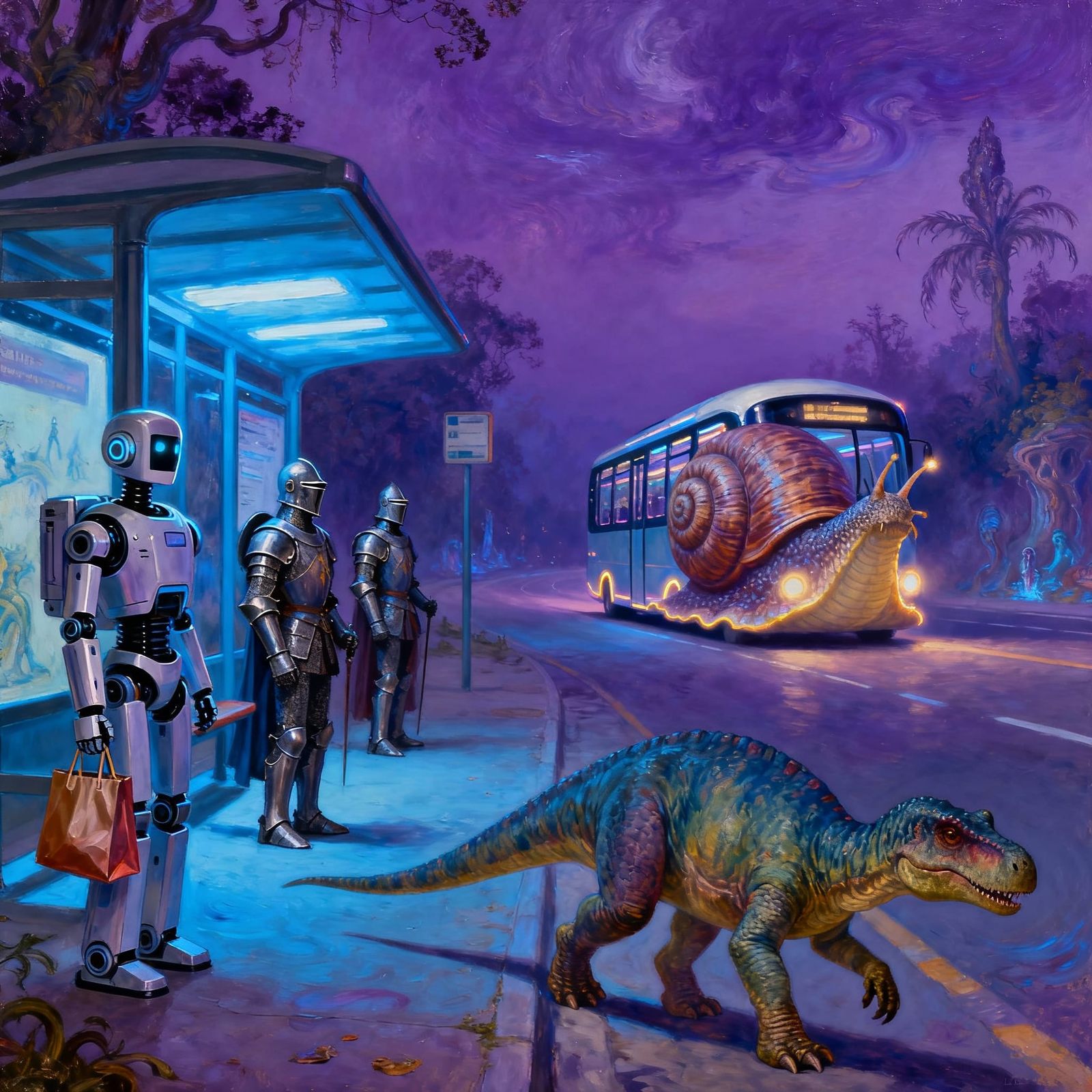 Surreal Bus Stop with Robots, Knights, and Snail Bus