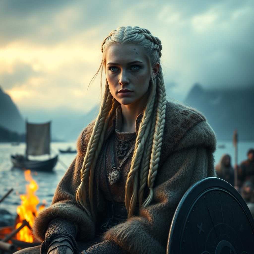 Hyper-realistic portrait of a fierce blonde Viking queen