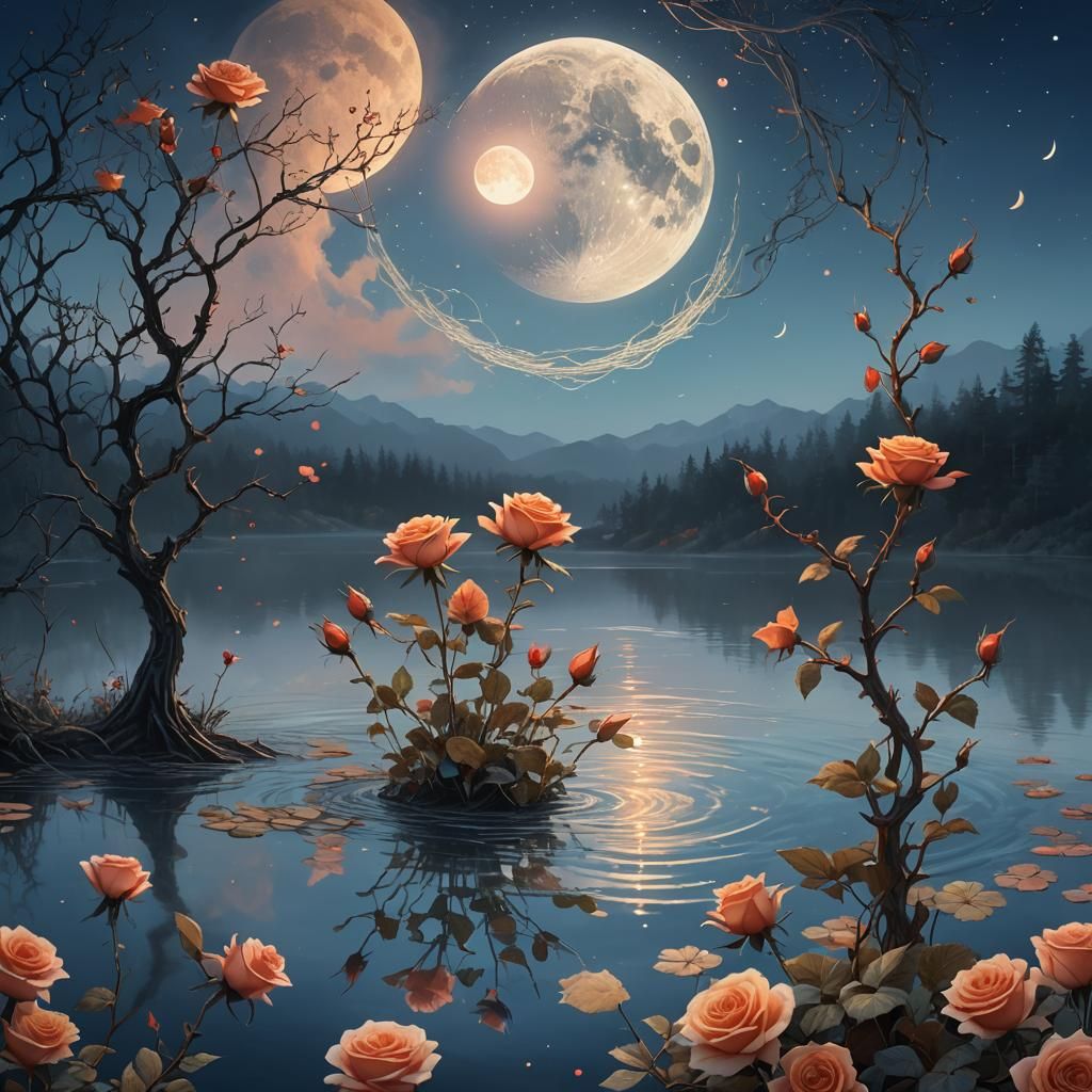 Moon Encircled by Roses Above Twilight Lake