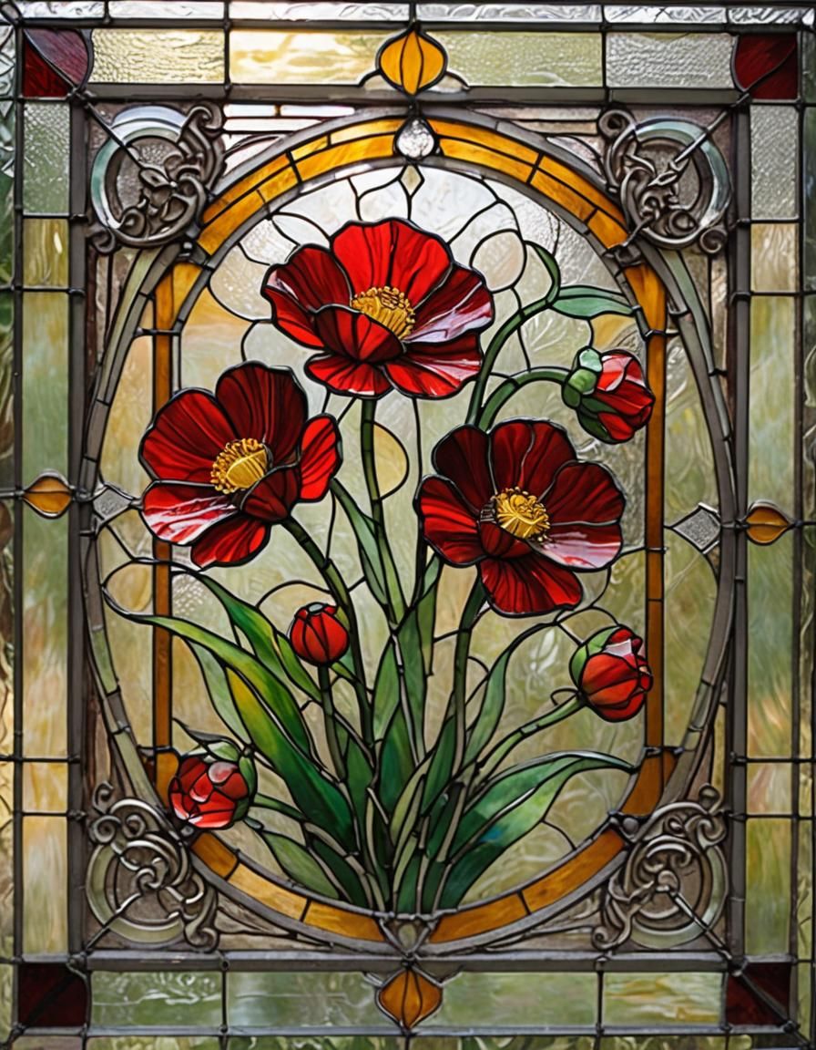 Stained Glass Persian Buttercup in Ornate Frame