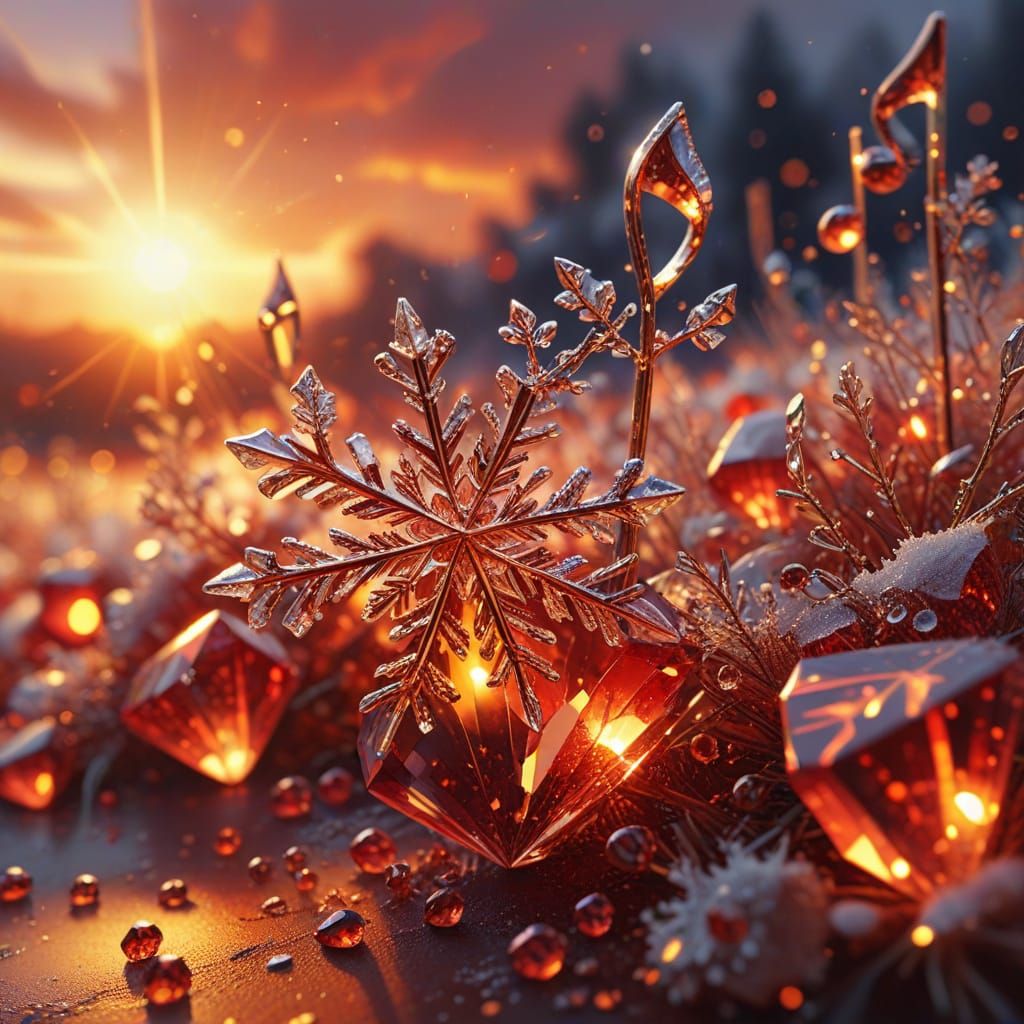 Red Crystal Notes Fall in Sunset: Digital Art