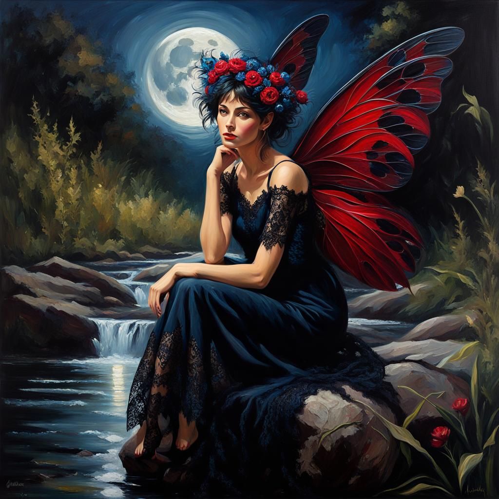 Nature Pixie by River in Expressive Oil Painting