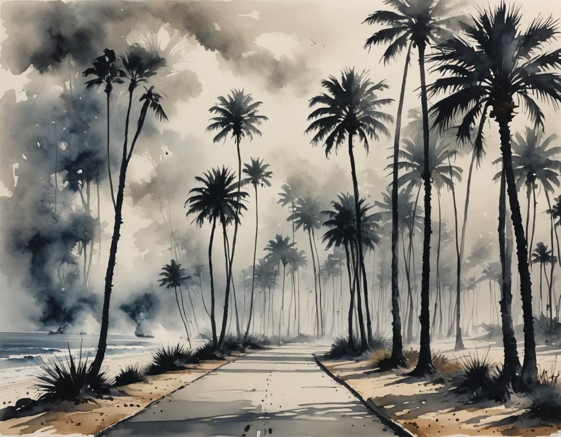 Smoky Beach Promenade in Ink and Watercolor