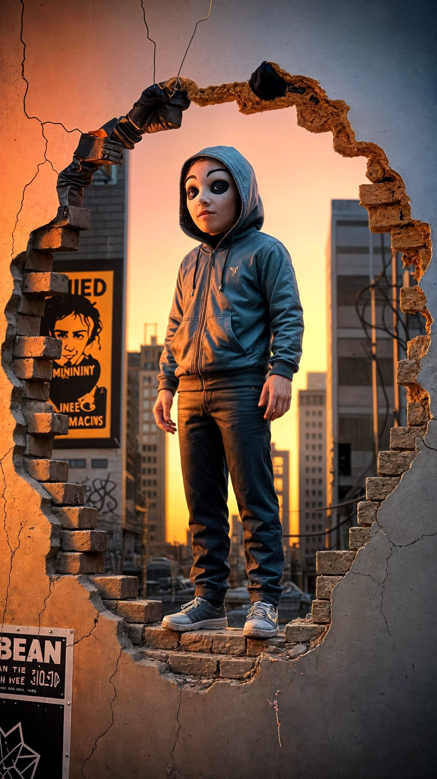 Banksy-Inspired Mural of a Lone Figure in a Desolate Citysca...