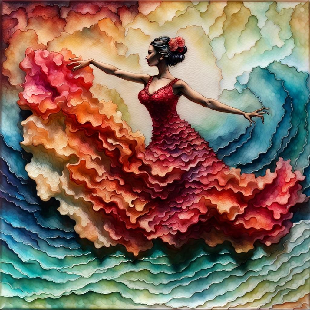 Flamenco Dancer on Tidal Wave in Dimensional Ink Style
