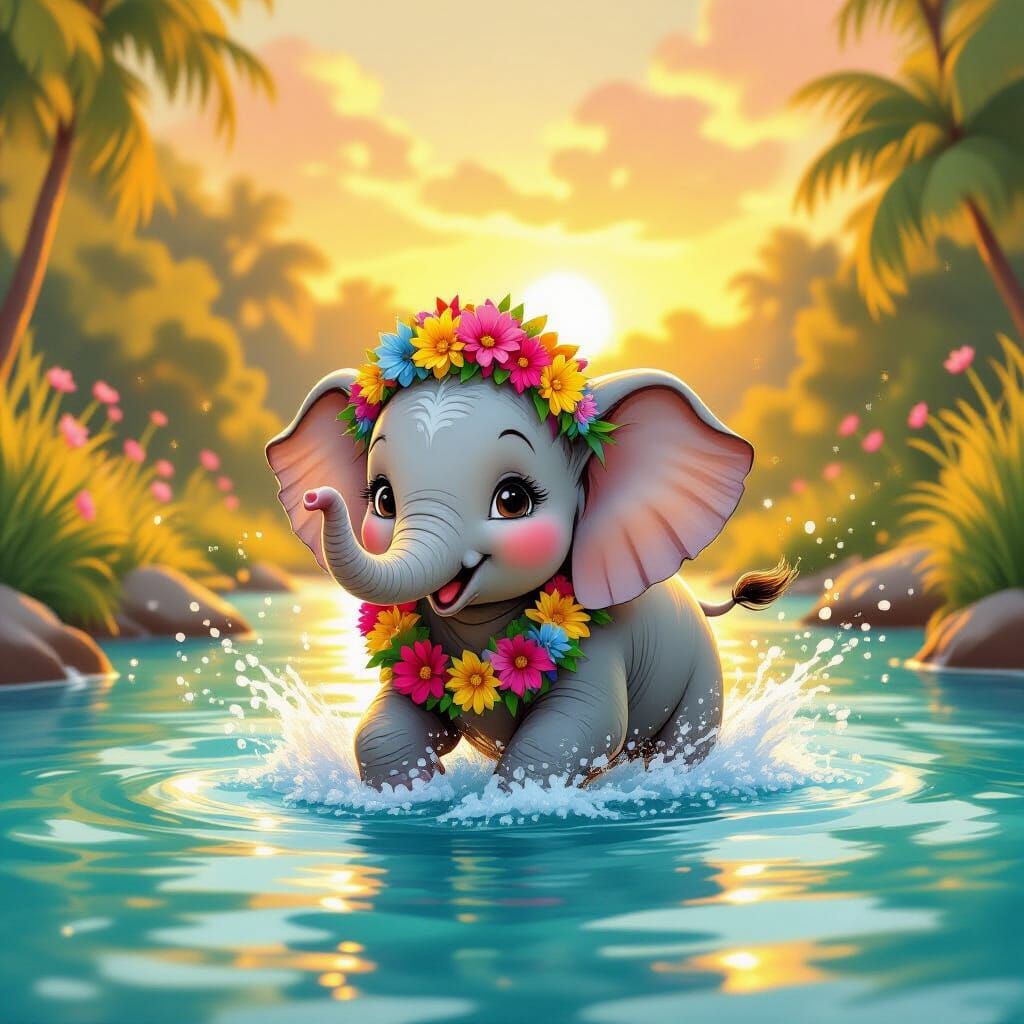 Playful Elephant Calf Splashing in River at Sunset