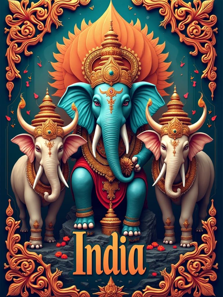 Colorful Poster of Indian Architecture and Mythology
