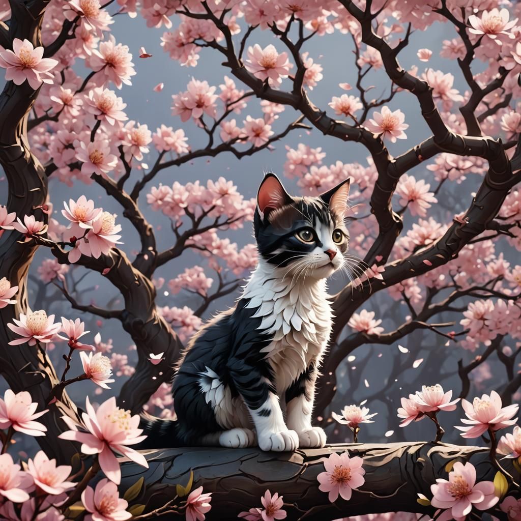 Papercut Kitten Under Sakura Tree