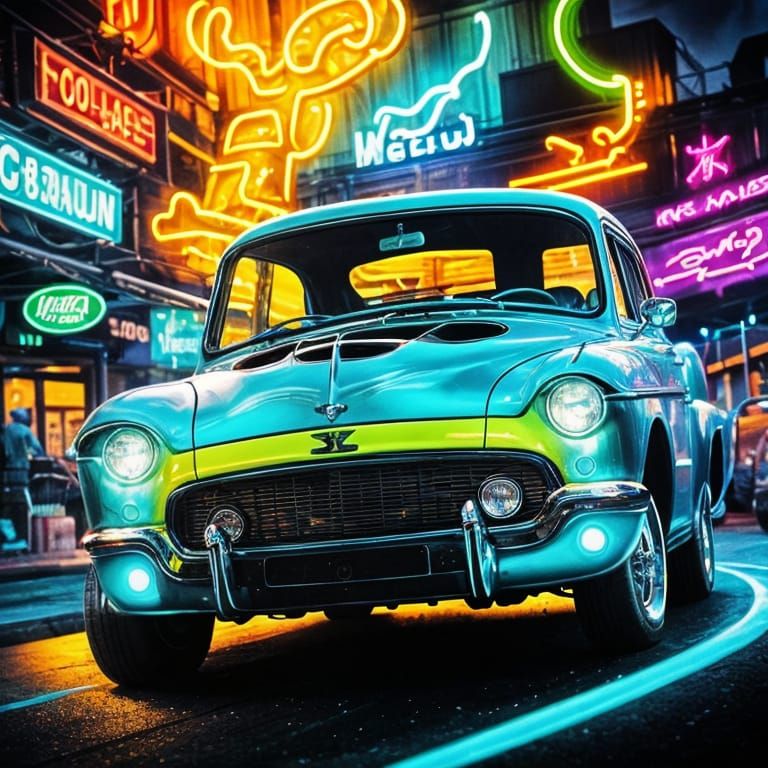 Electric Neon Hot Rod in Cinematic Style