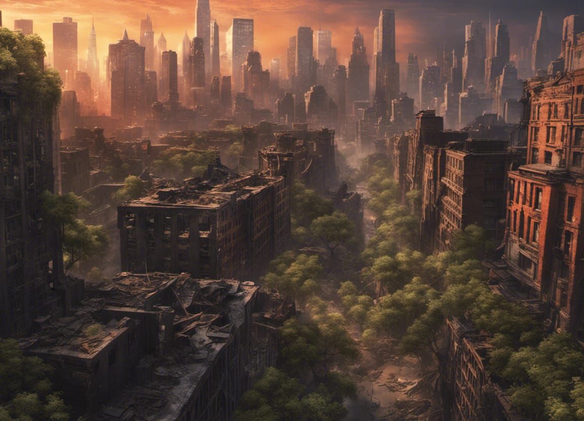 Post-Apocalyptic New York City Ruins at Sunset