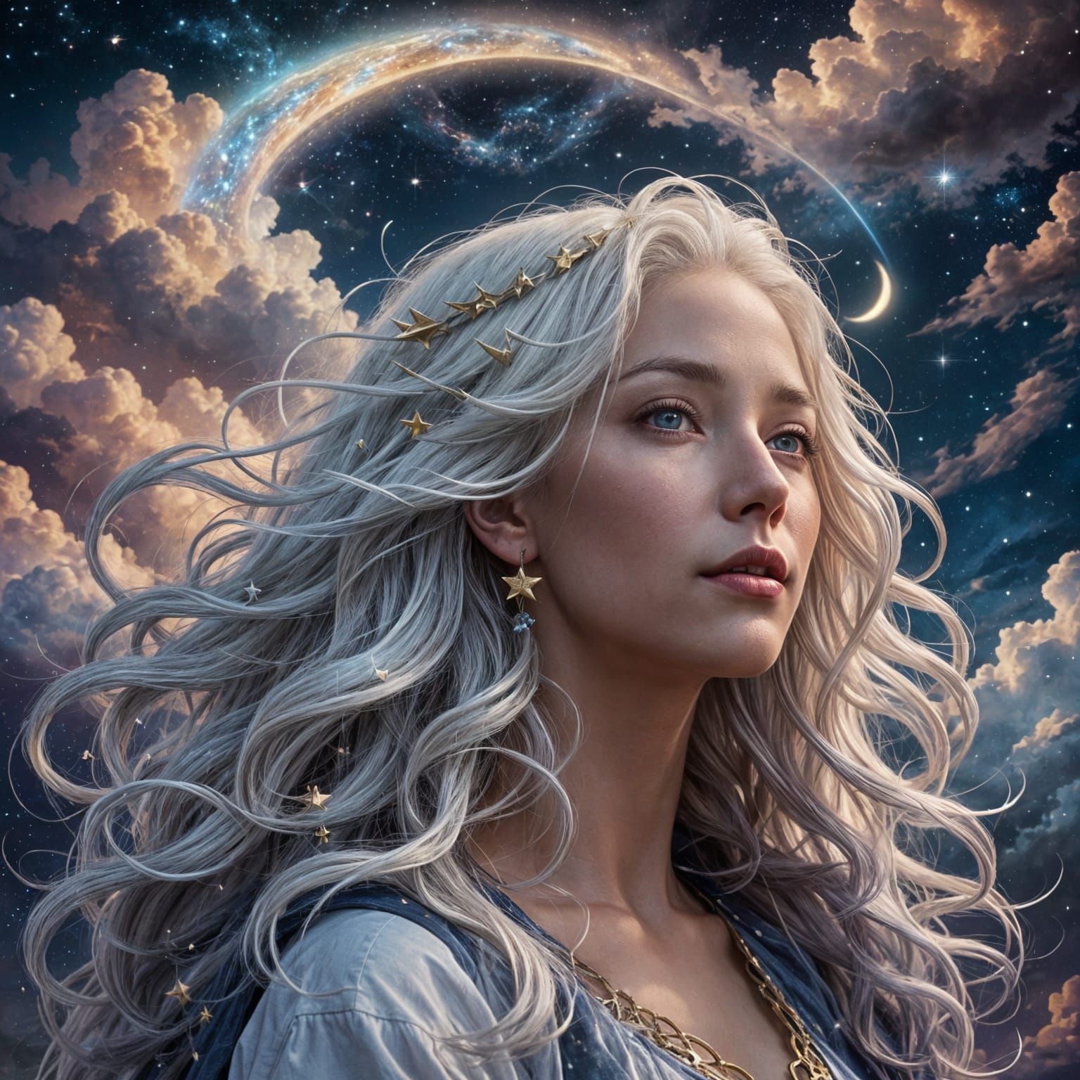 Woman's Hair Morphs to Clouds in Starry Night