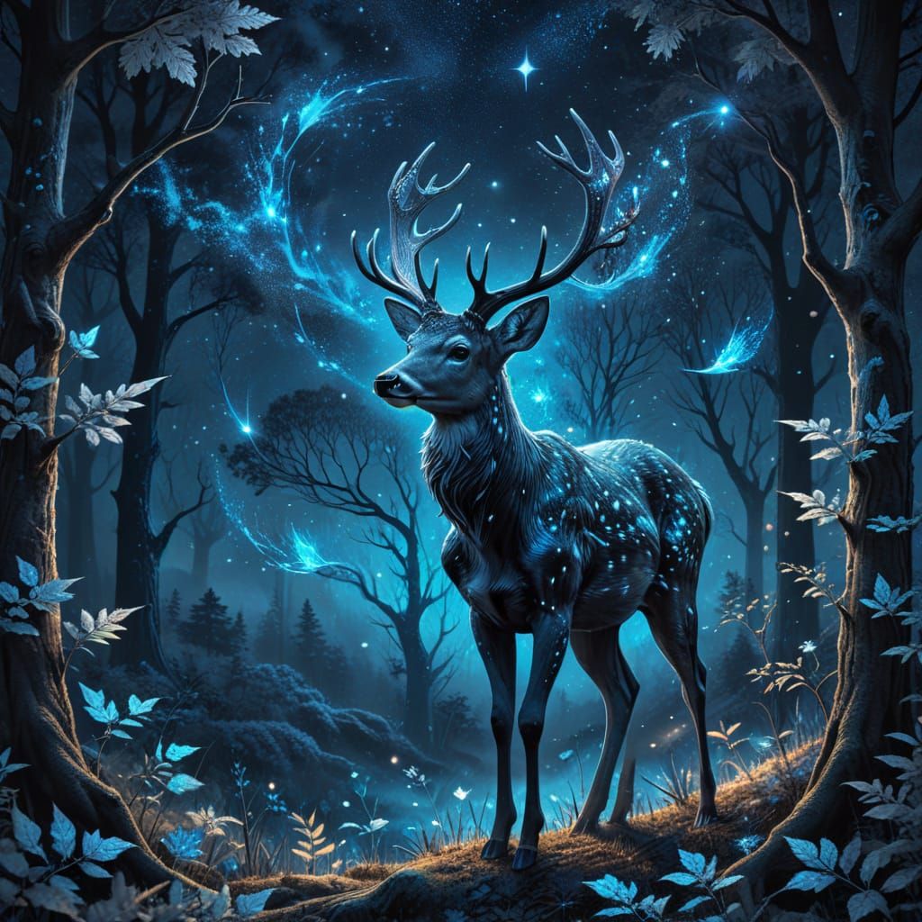 Mystical Black and White Deer in Cosmic Forest