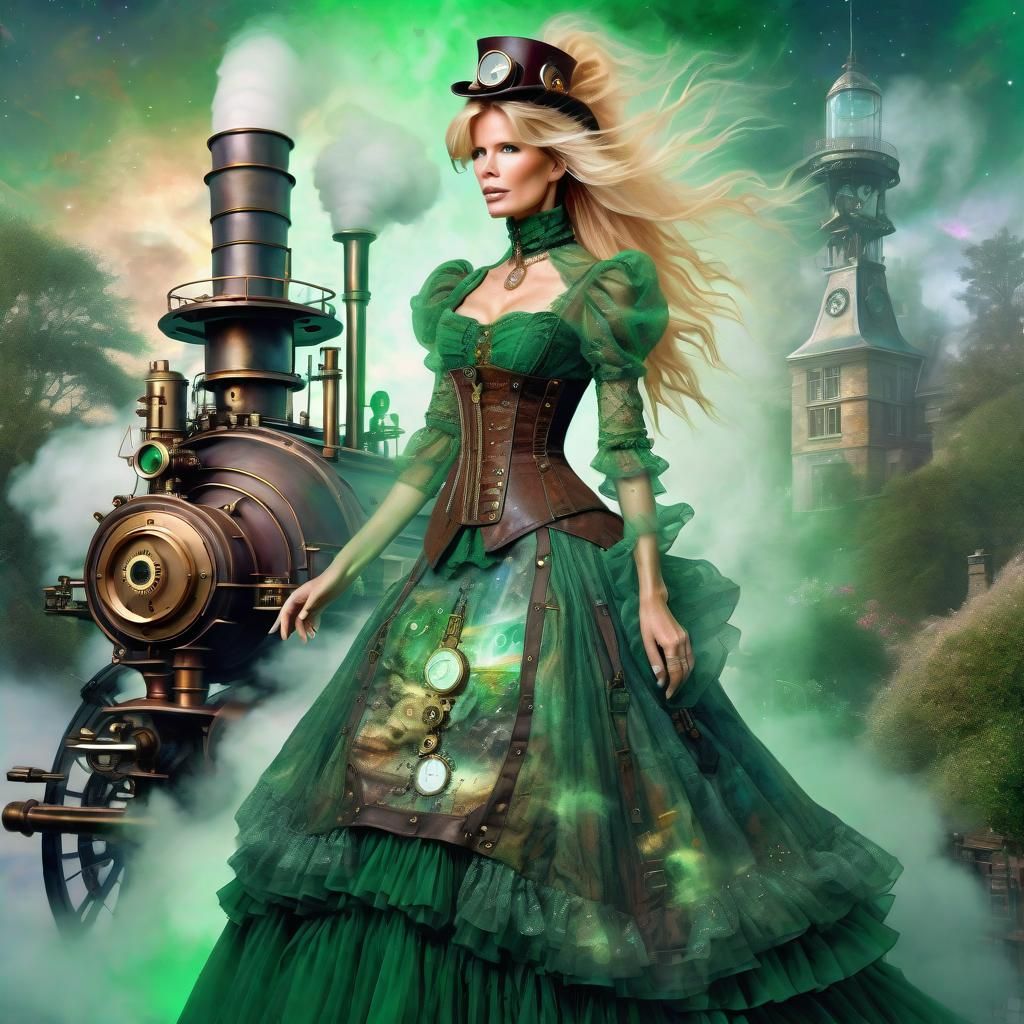 Claudia Schiffer in a steampunk clothes in a steampunk world, Green Dress, Head and Shoulders, ethereal fantasy hyperde...