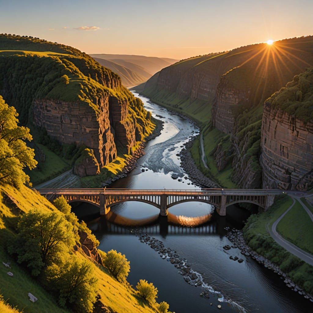 Surreal Landscape with Bridge Crossing a Sunlit River Gorge