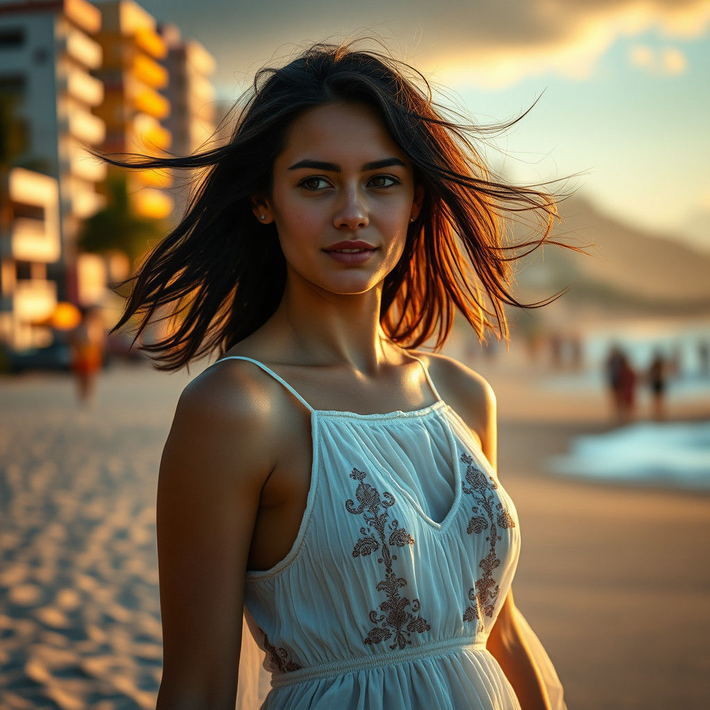 Woman on Ipanema Beach, Hyperrealistic Cinematic Photography