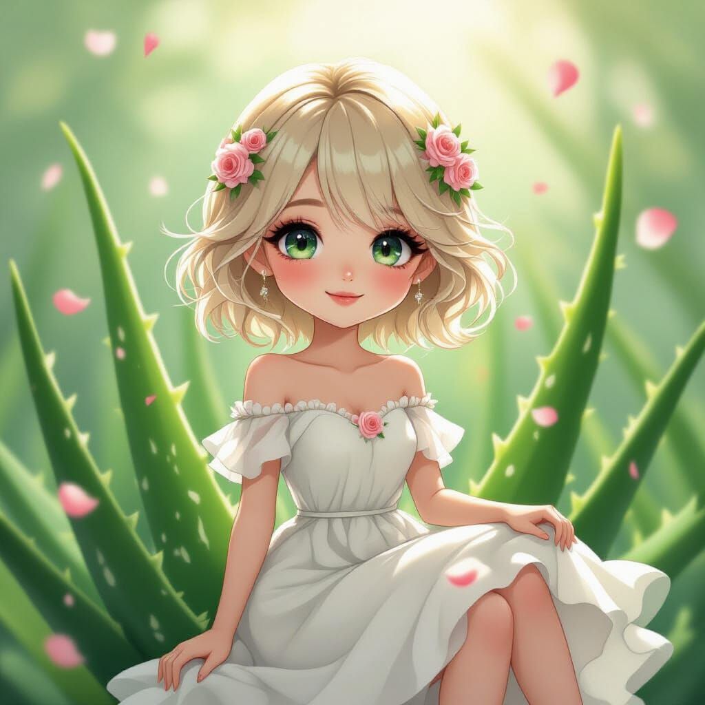 Whimsical Aloe Vera Plant with Blonde Hair and Roses
