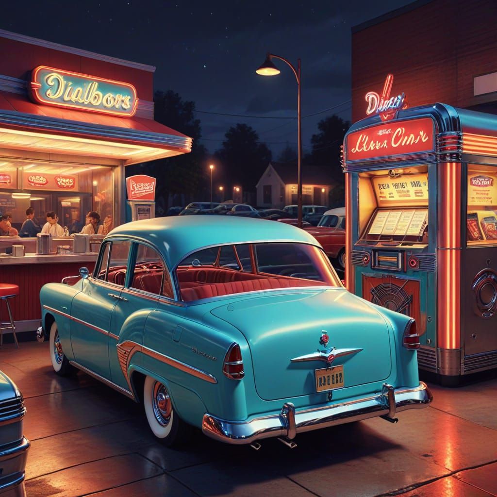 1950s Diner Scene with Classic Cars and Jukebox