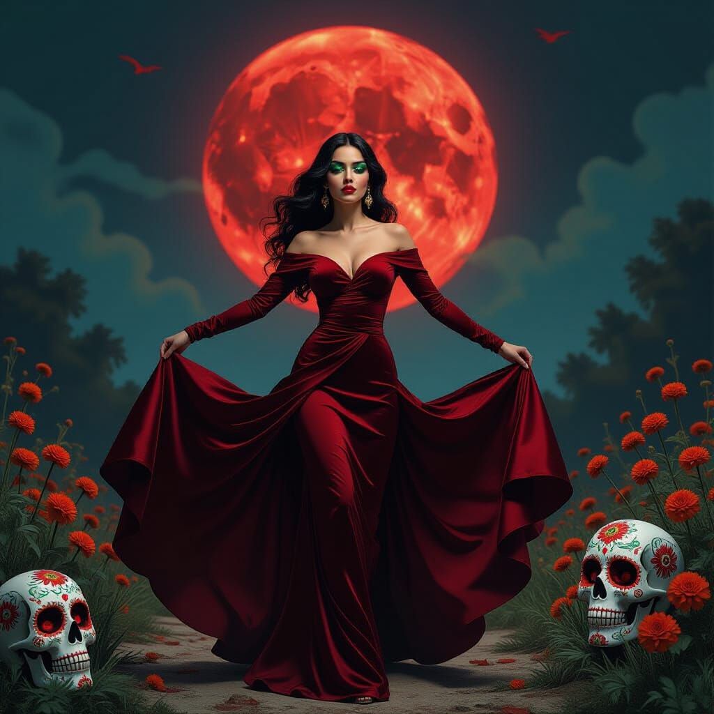 El Día de los Muertos Dancer in Red Silk Gown