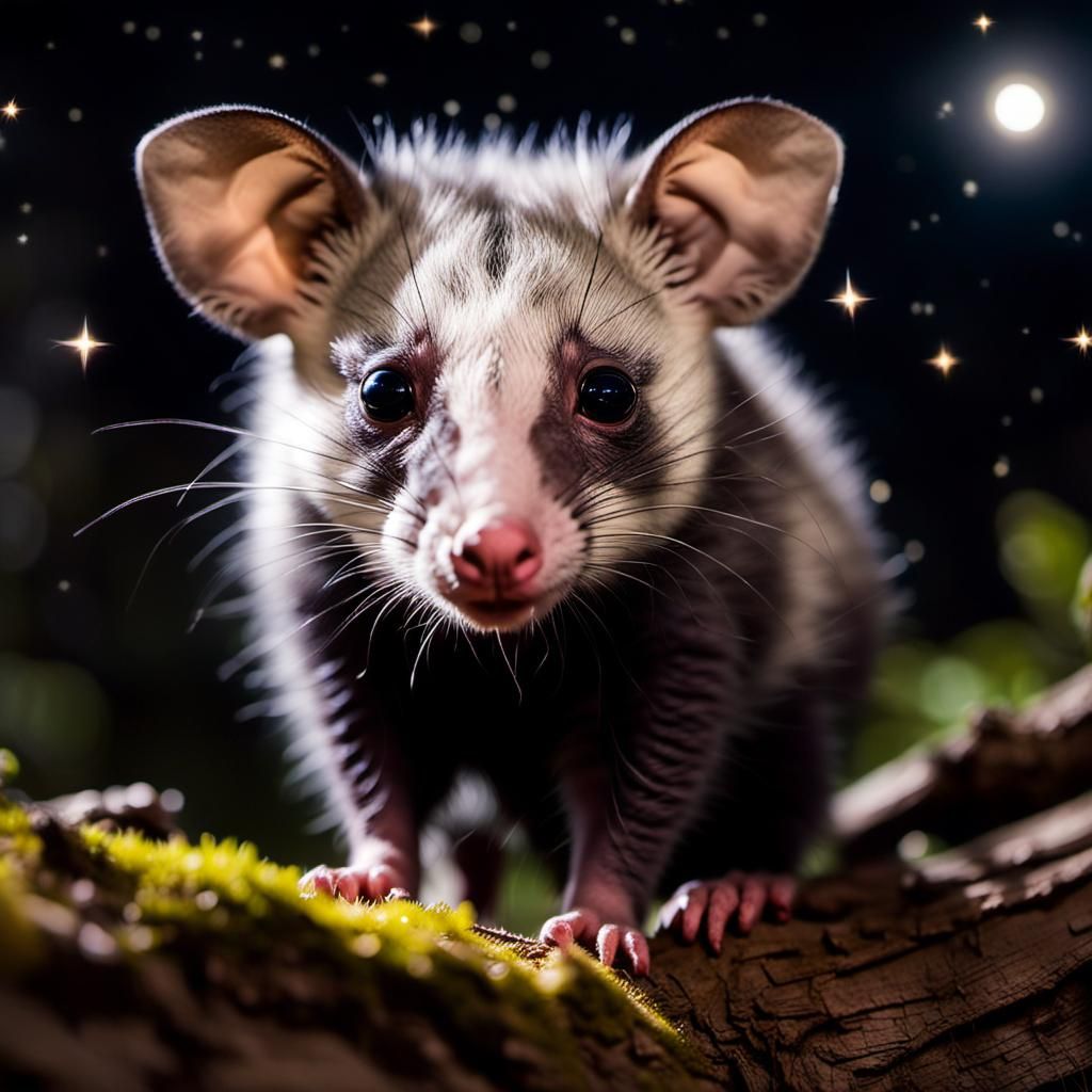 Baby Possum in Moonlit Forest: Night Wildlife Photography