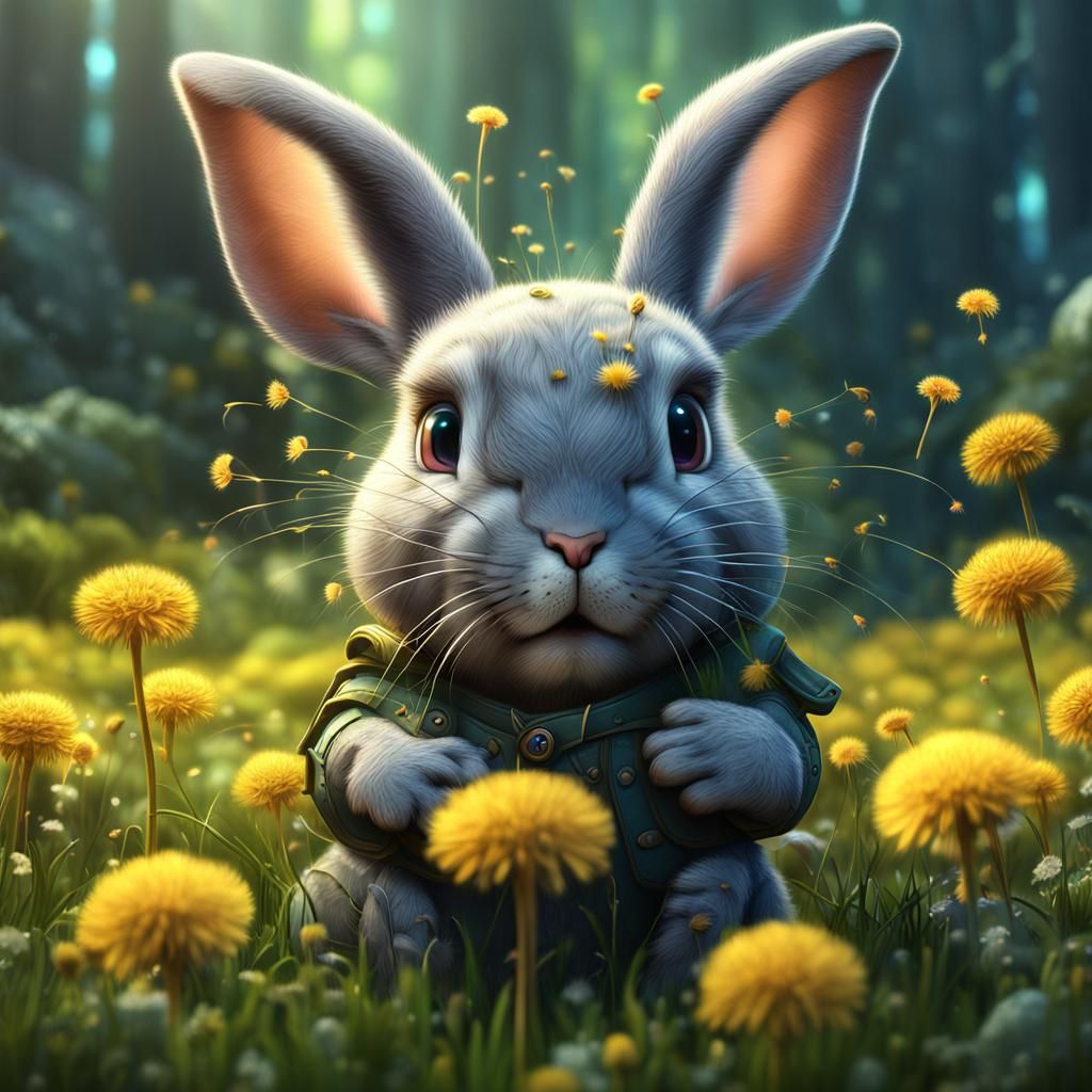 Cute Bunny with Dandelion in Detailed Digital Painting