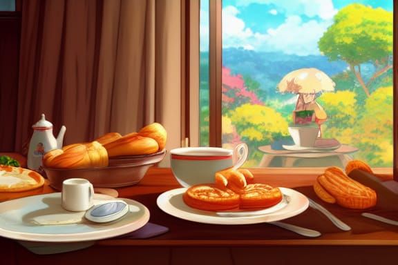 Delicious French Breakfast in Studio Ghibli Anime Style