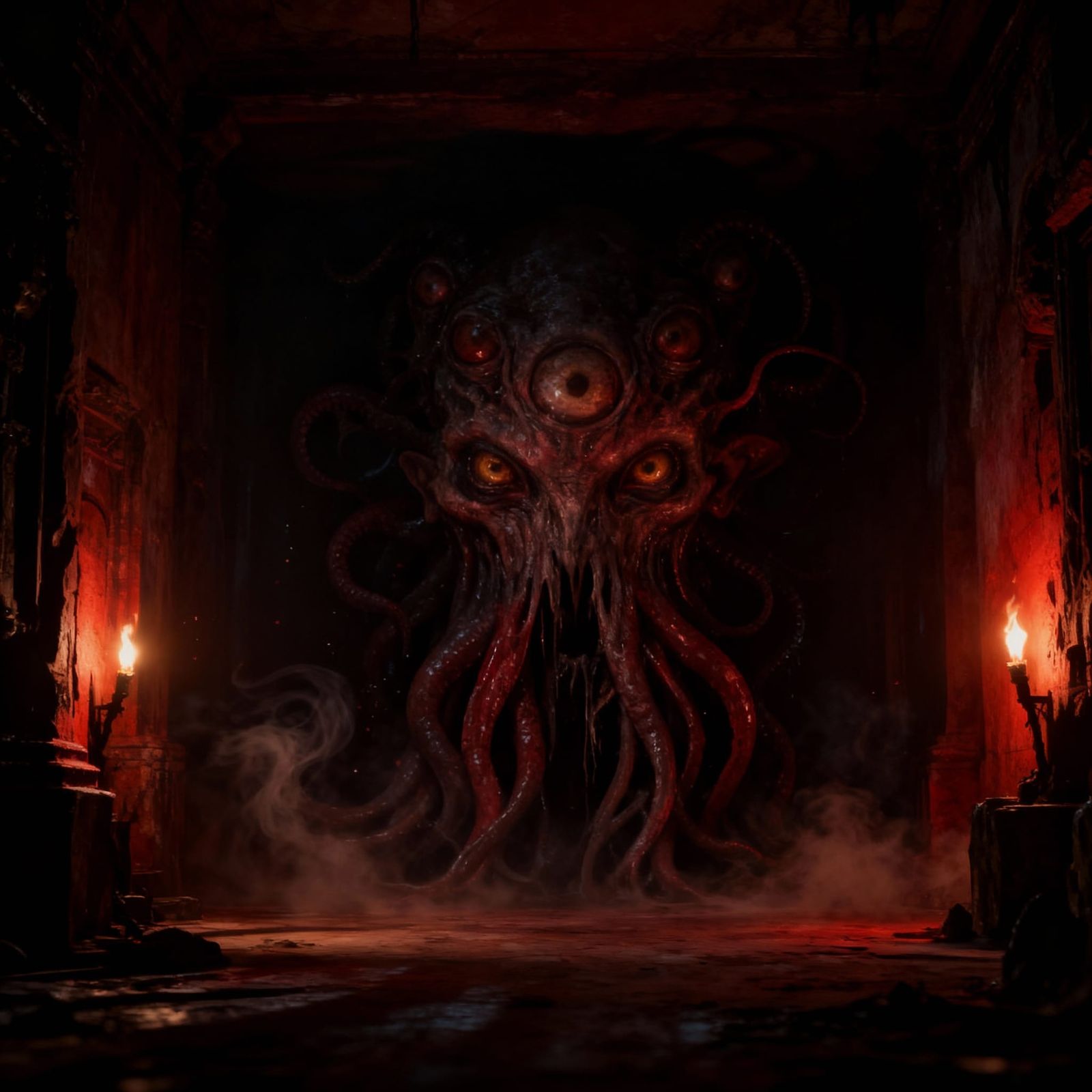 Lovecraftian Horror Face in Shadowy Room