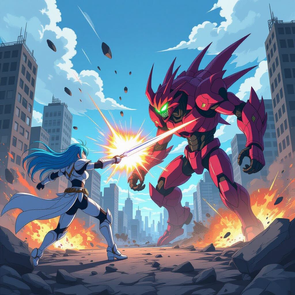 Epic Anime Battle: Warrior vs Alien in Cityscape