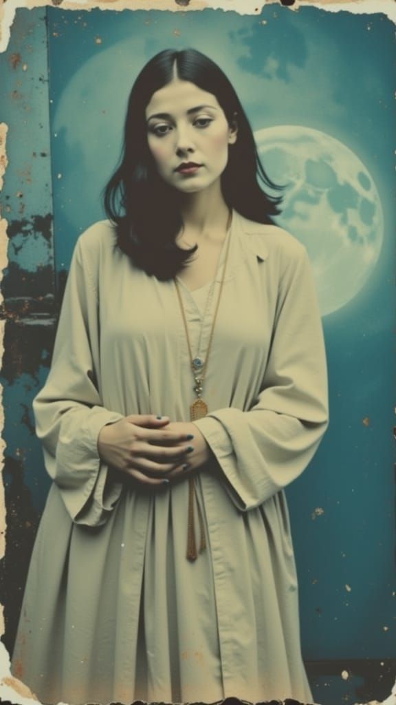 Vision of a Woman Under the Blue Moon, Faded Polaroid Style