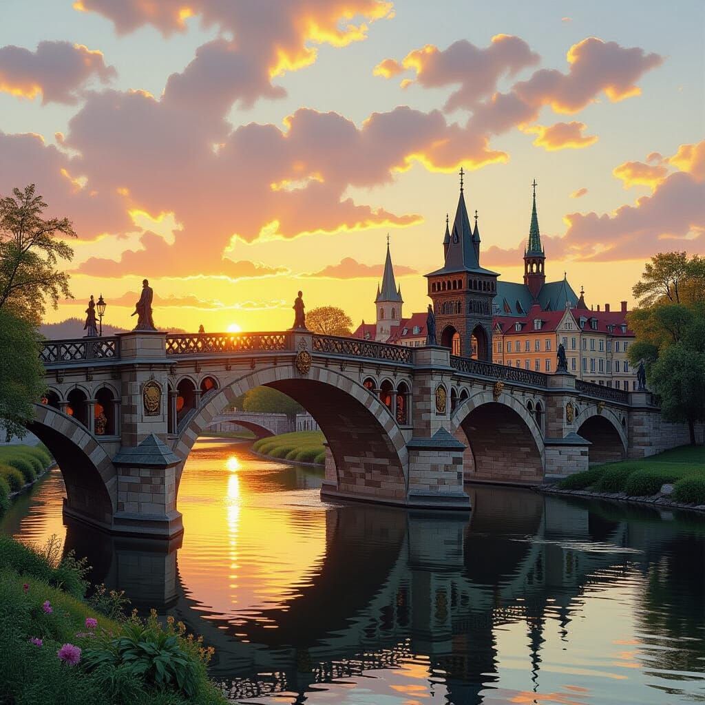 Majestic Medieval Bridge in Golden Sunset Light