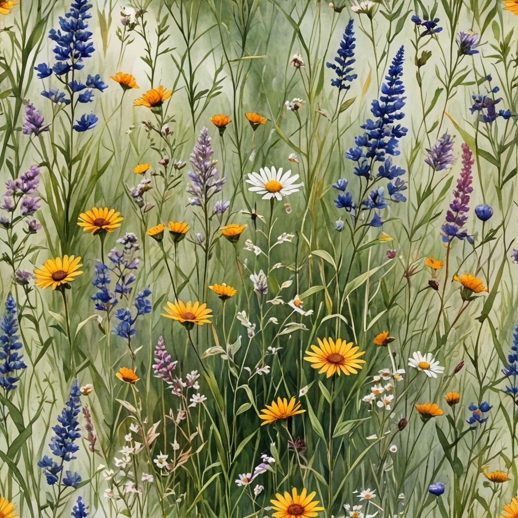 Realistic Watercolor Painting of Wildflowers and Grasses