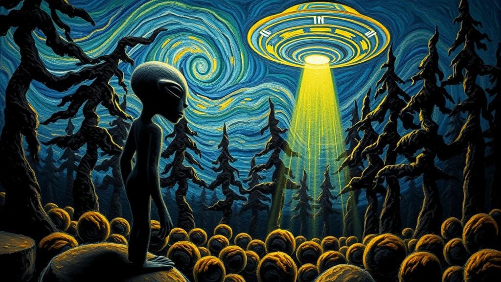 Woolen Alien Gazing at UFO in Van Gogh Style