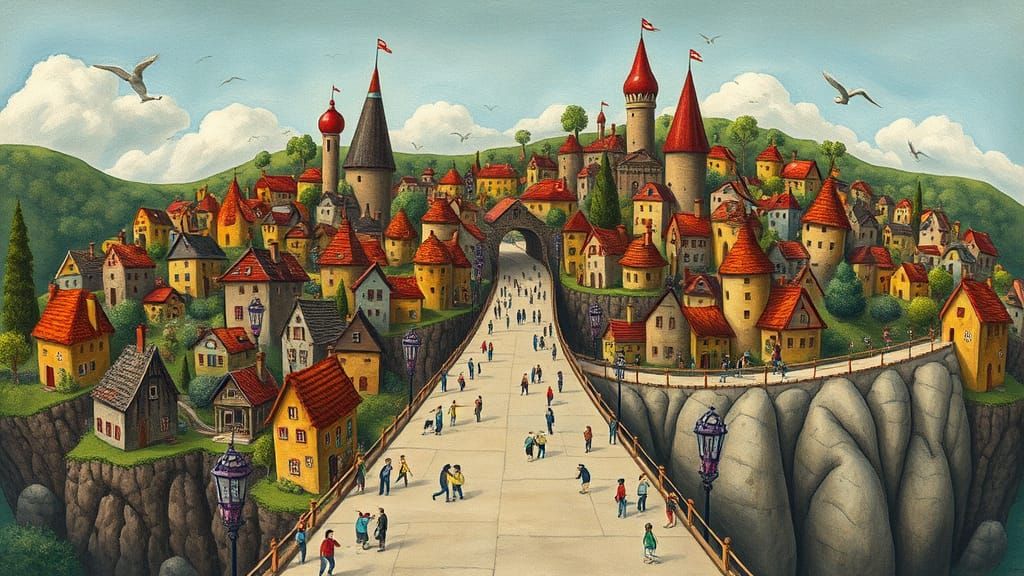 Whimsical Villages Connected by a Dreamlike Bridge