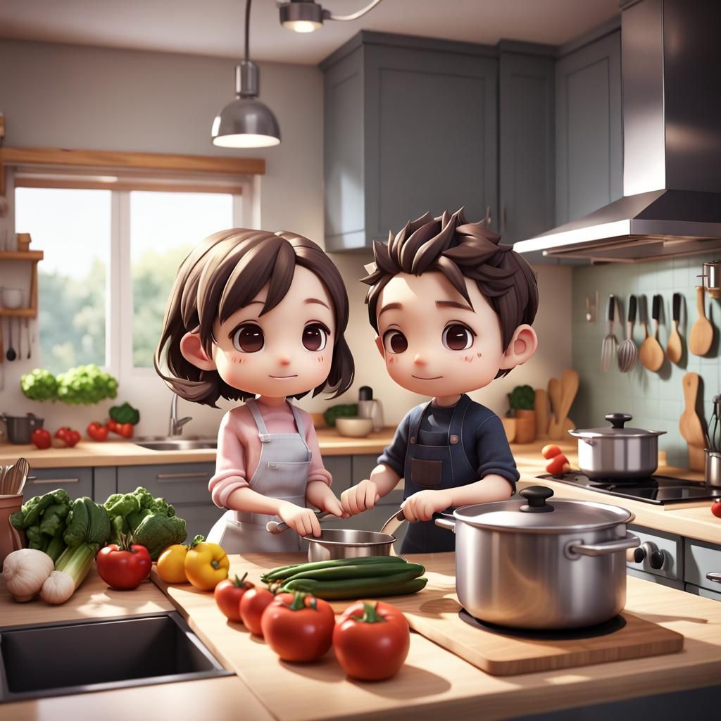 cute chibi couple cooking