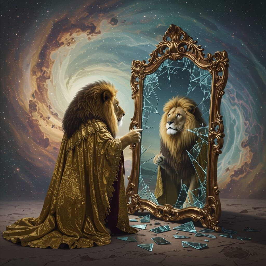 Lion Contemplates Reflection in Shattered Cosmic Mirror