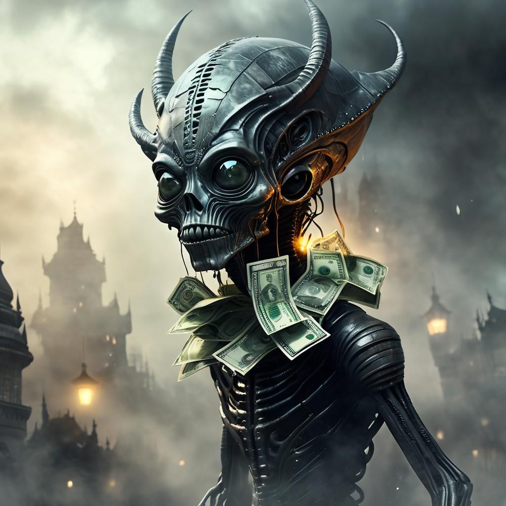 Alien Stuffed with Cash in Surreal Digital Art