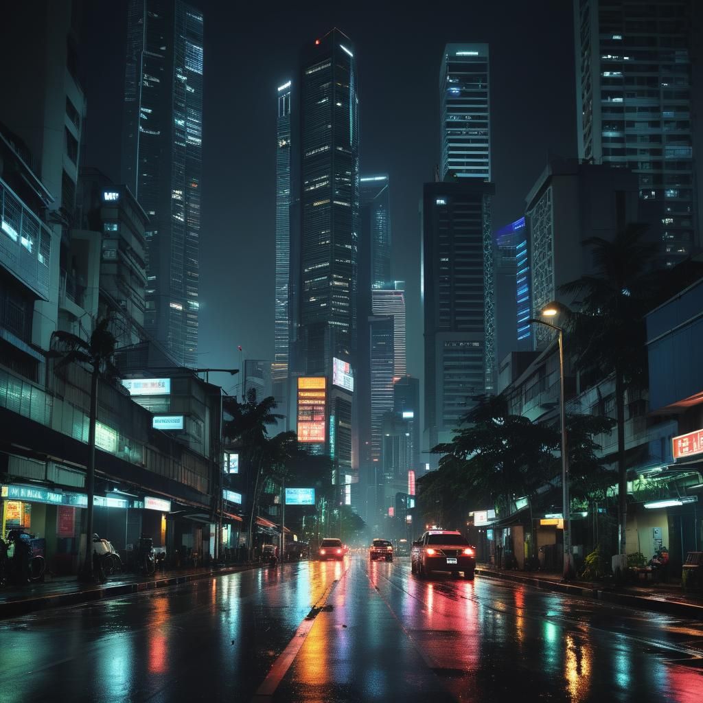 Nighttime Jakarta Cityscape in Cinematic Film Style