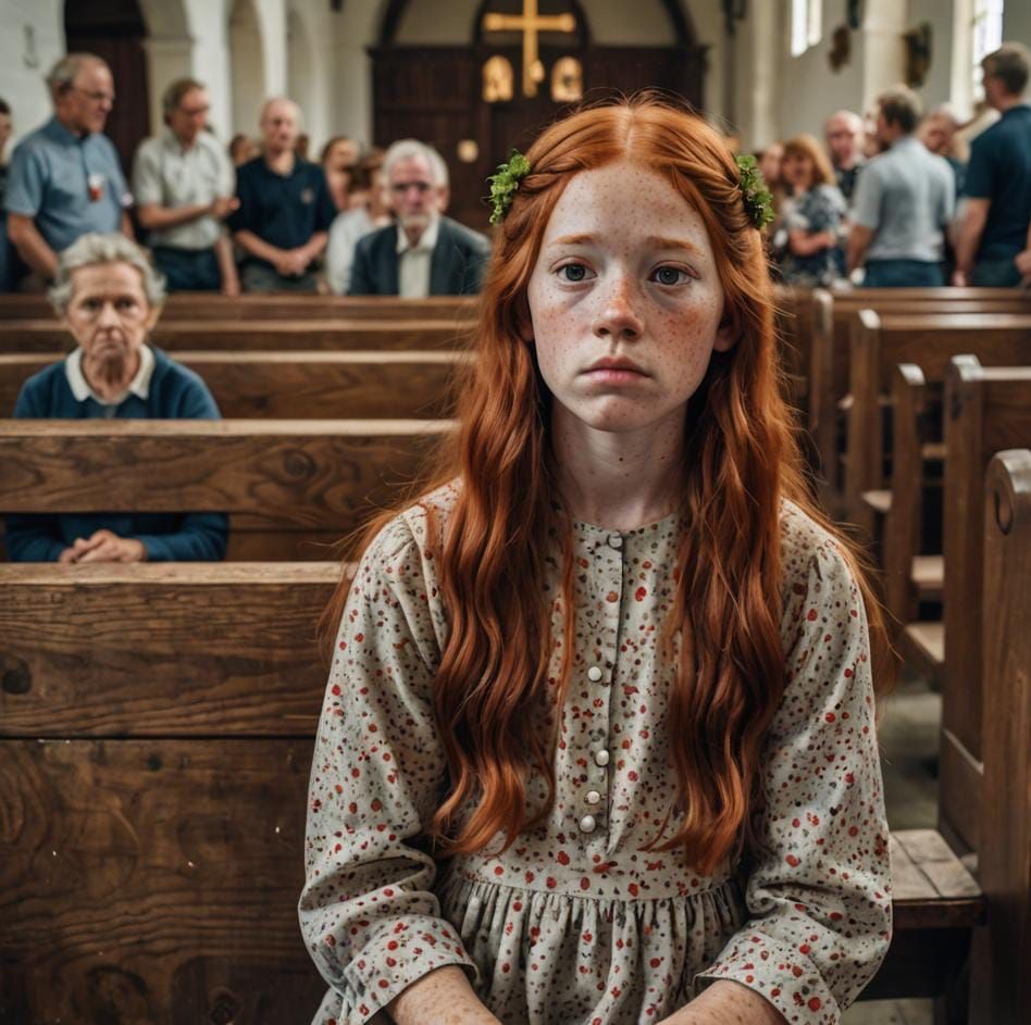 Bored Red-Haired Girl in Church