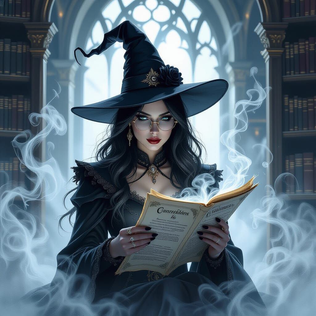 Gothic Witch Reads Scroll in Ethereal Library