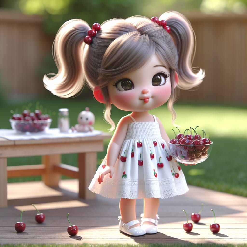 Disney Pixar style 3D adorable little girl, hair in two pony tails with cherry barrettes, wearing a white dress with che...