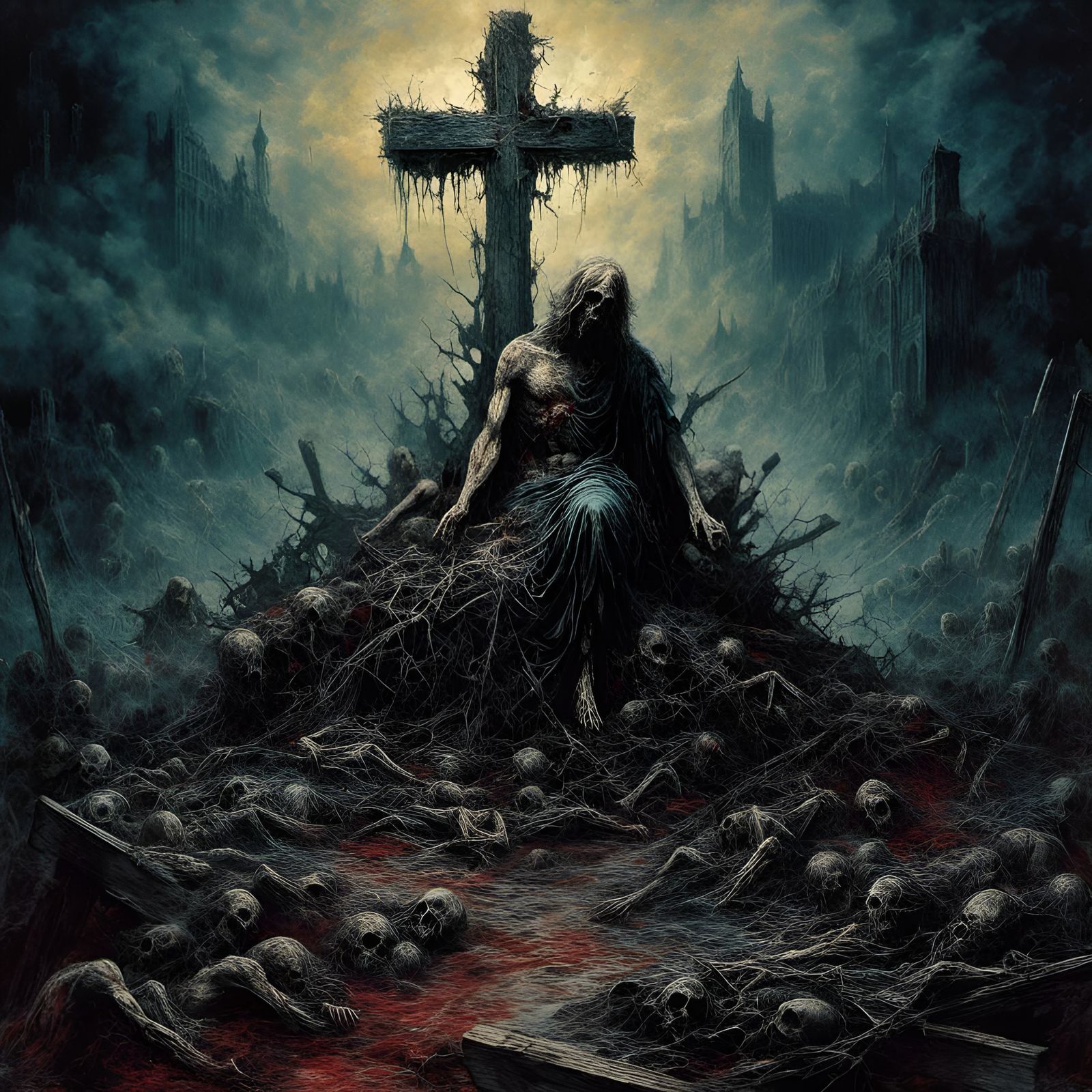 Macabre Zombie Jesus Christ in Hell Landscape