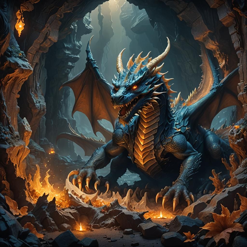Dragon Devouring Bones in Mystical Cavern