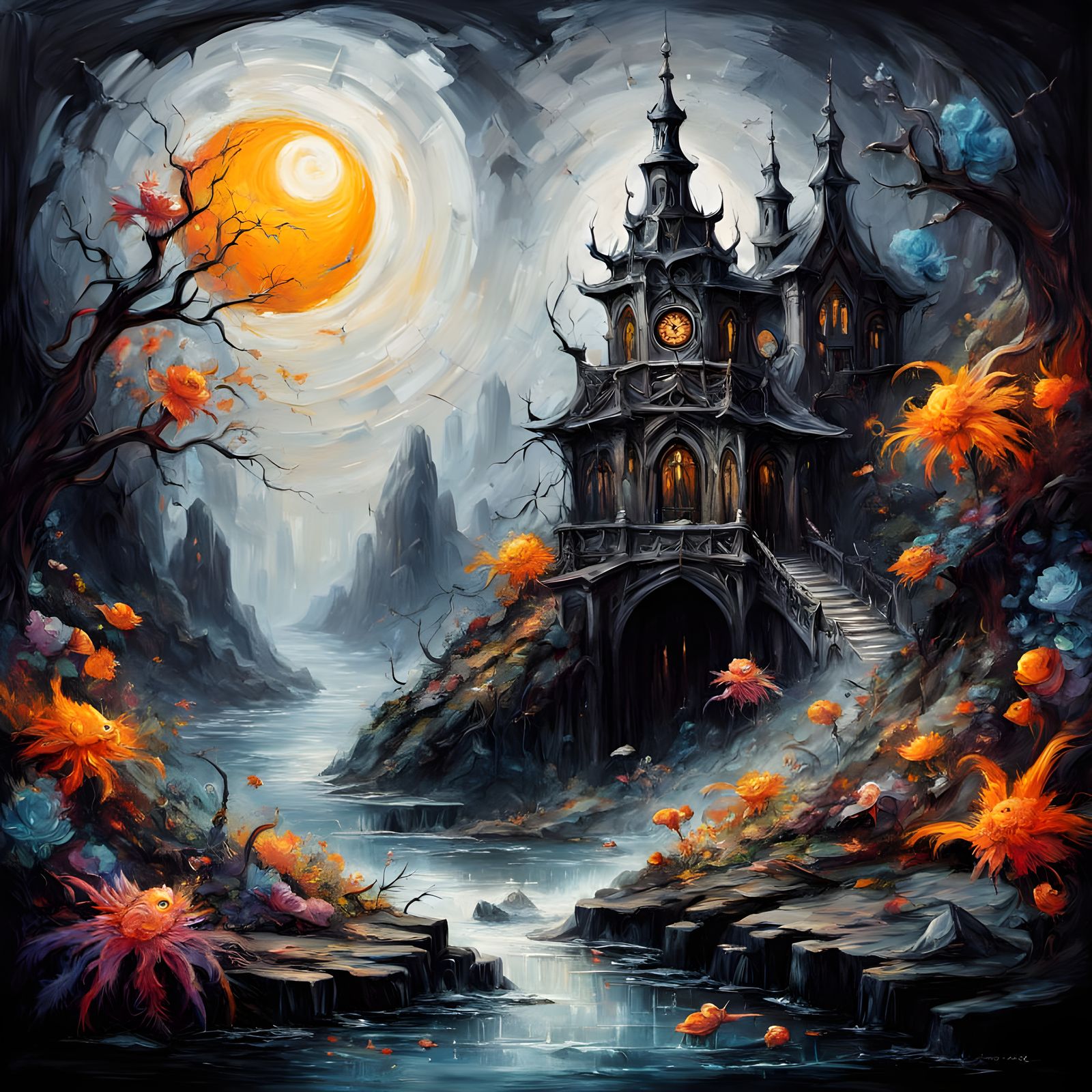 Underwater Clock Face in Neo-Impressionist Style